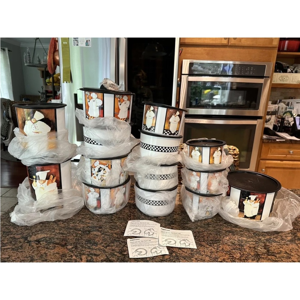 Tupperware One Touch Containers featuring Fat Chef and checkerboard design